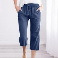 Capri hlače za Žene, Ležerne ljetne lanene hlače s elastičnim vezicama visokog struka s džepom, ravne ošišane