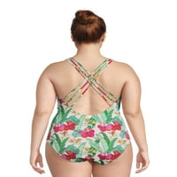 Ženski kupaći kostim veličine plus s dubokim dekolteom na naramenice, jednodijelni